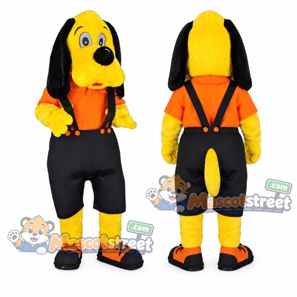 Yellow Dog Mascot Costume with Orange Shirt and Black Overalls