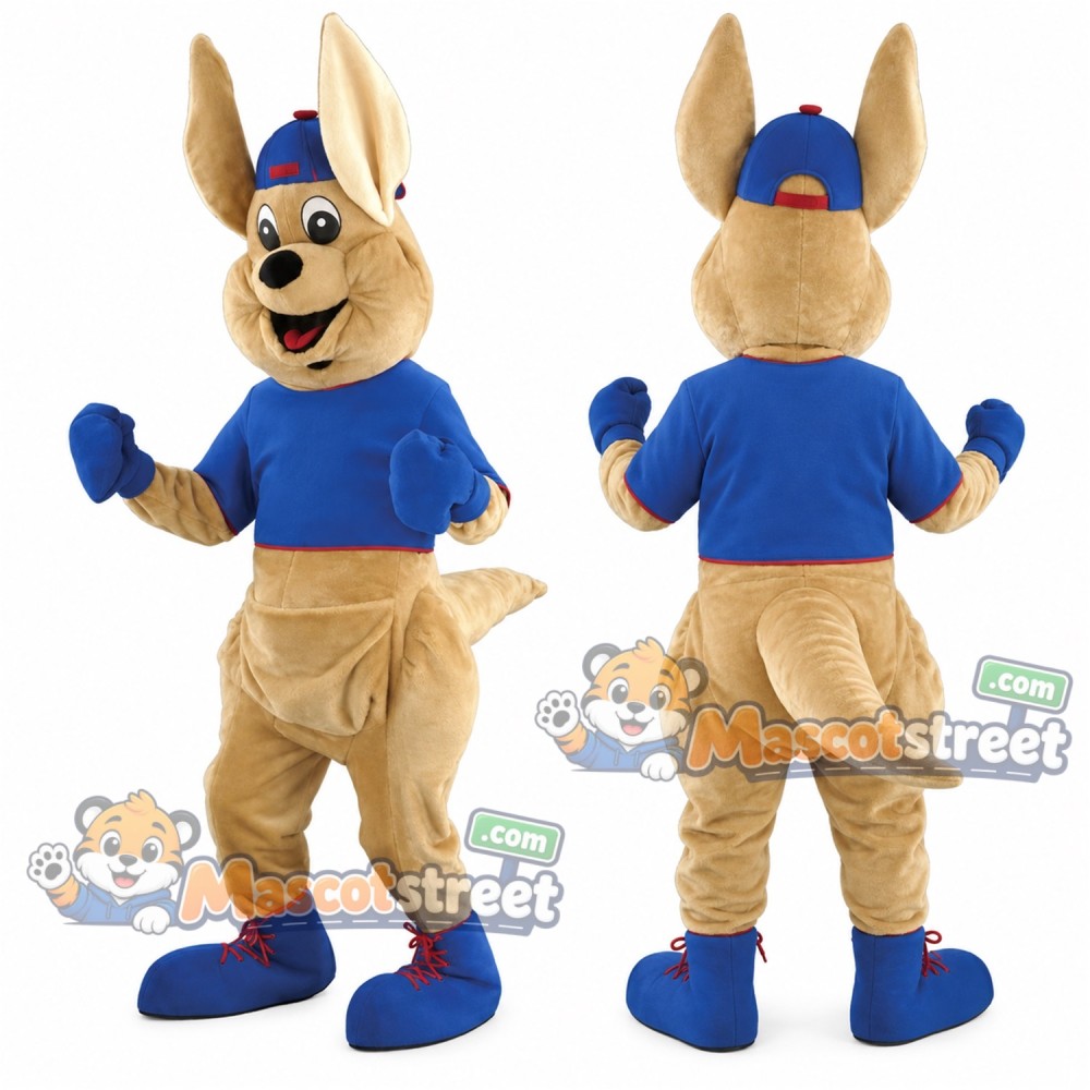 Tan Kangaroo Mascot Costume with Blue Shirt, Tan Trousers and Blue Cap