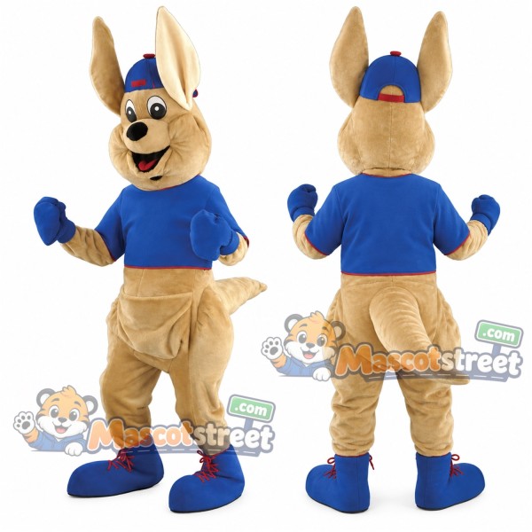 Tan Kangaroo Mascot Costume with Blue Shirt, Tan Trousers and Blue Cap