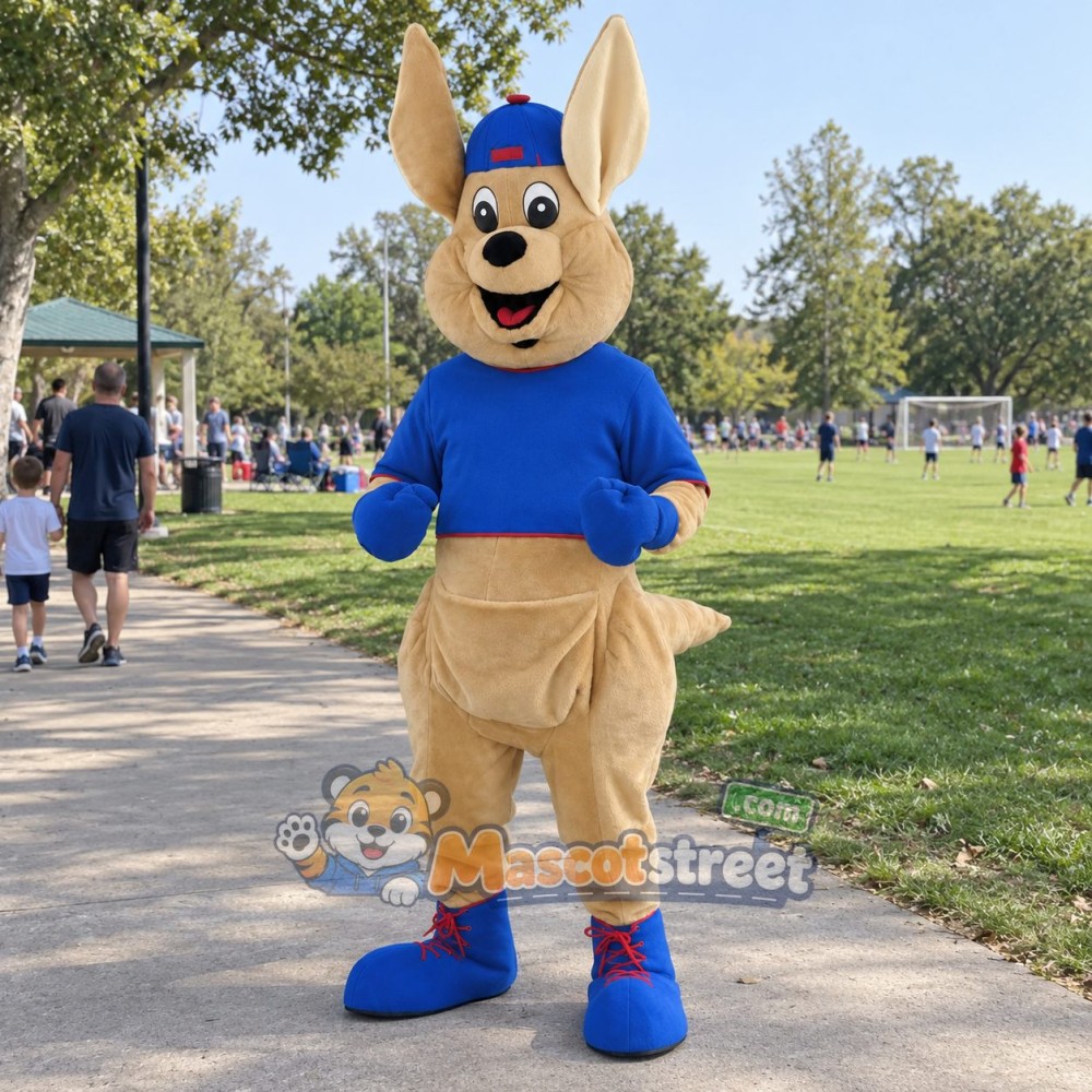 Tan Kangaroo Mascot Costume with Blue Shirt, Tan Trousers and Blue Cap