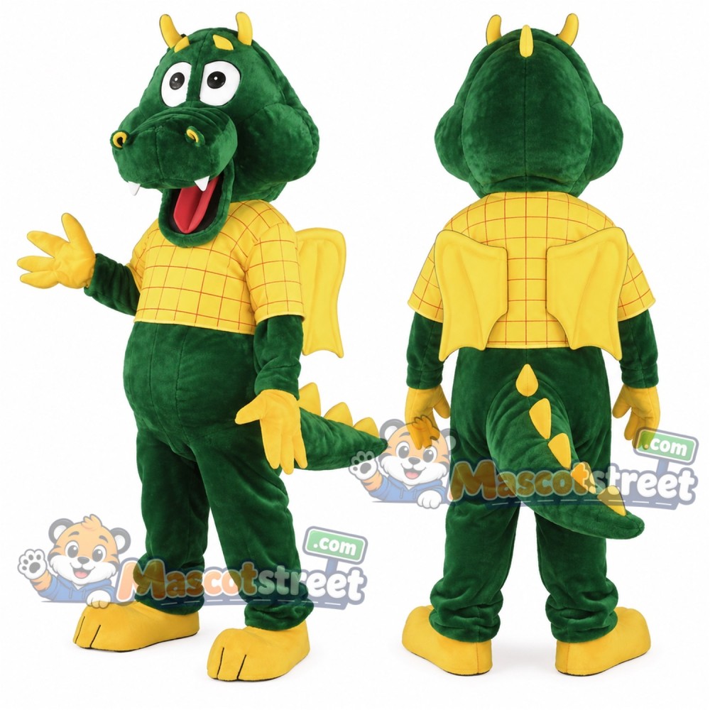 Green Dragon Mascot Costume with Yellow Shirt Green Dragon Mascot Costume with Yellow Shirt