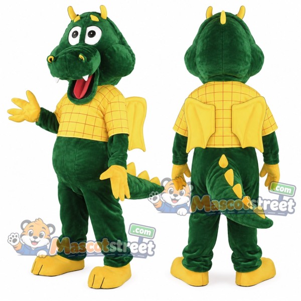 Green Dragon Mascot Costume with Yellow Shirt