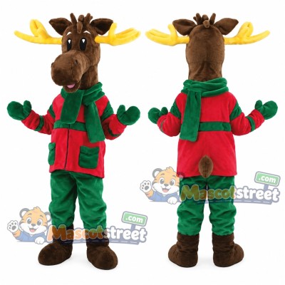Brown Reindeer Mascot Costume with Red Coat, Green Trousers and Green Scarf