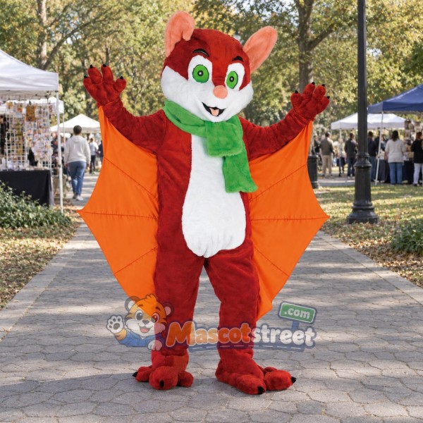 Red Bat Mascot Costume with Green Scarf