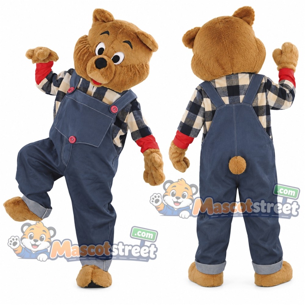 Brown Bear Mascot Costume with Plaid Shirt and Denim Overalls Brown Bear Mascot Costume with Plaid Shirt and Denim Overalls