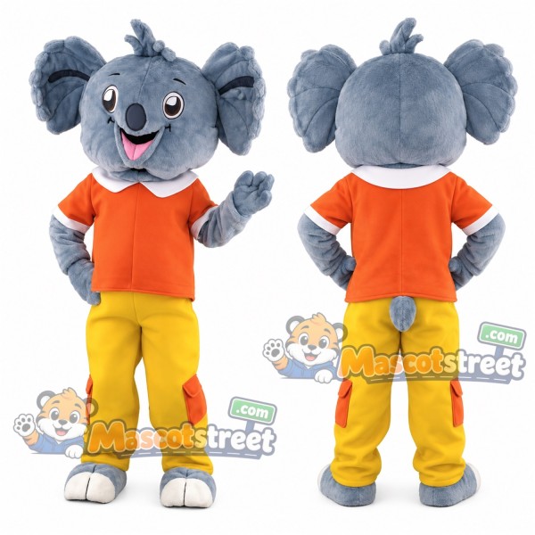 Gray Koala Mascot Costume with Orange Shirt and Yellow Trousers