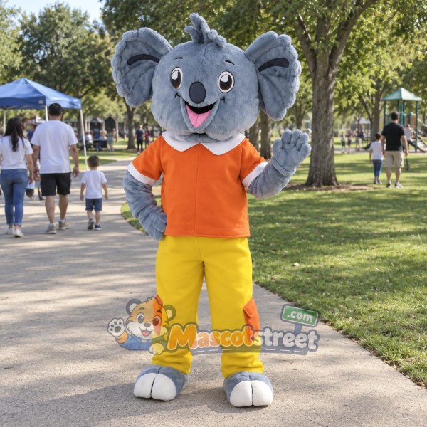 Gray Koala Mascot Costume with Orange Shirt and Yellow Trousers