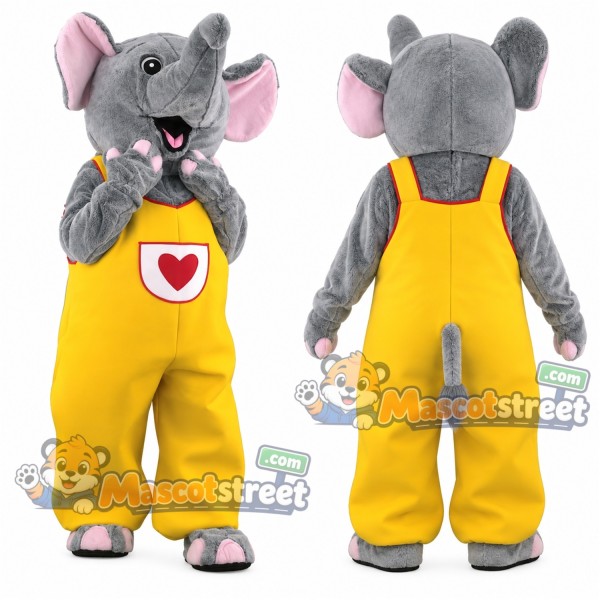 Gray Elephant Mascot Costume with Yellow Overalls