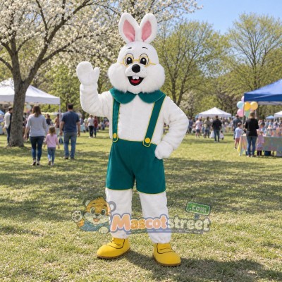 White Rabbit Mascot Costume with Green Lederhosen White Rabbit Mascot Costume with Green Lederhosen