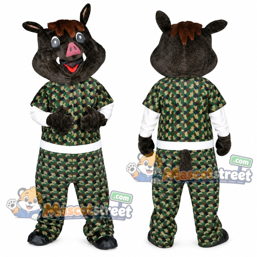 Black Boar Mascot Costume with Green Patterned Outfit