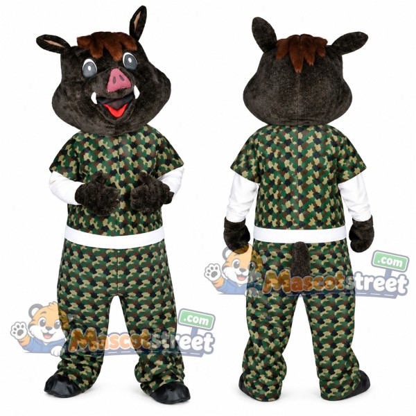 Black Boar Mascot Costume with Green Patterned Outfit