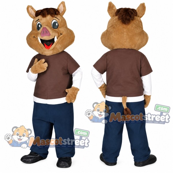 Brown Boar Mascot Costume with Brown Shirt and Blue Pants