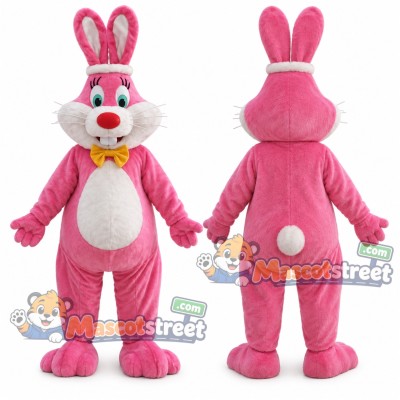 Pink Rabbit Mascot Costume with Yellow Bow Tie