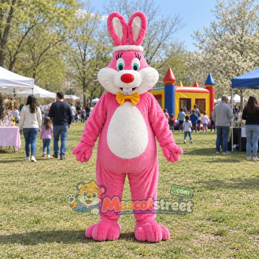 Pink Rabbit Mascot Costume with Yellow Bow Tie
