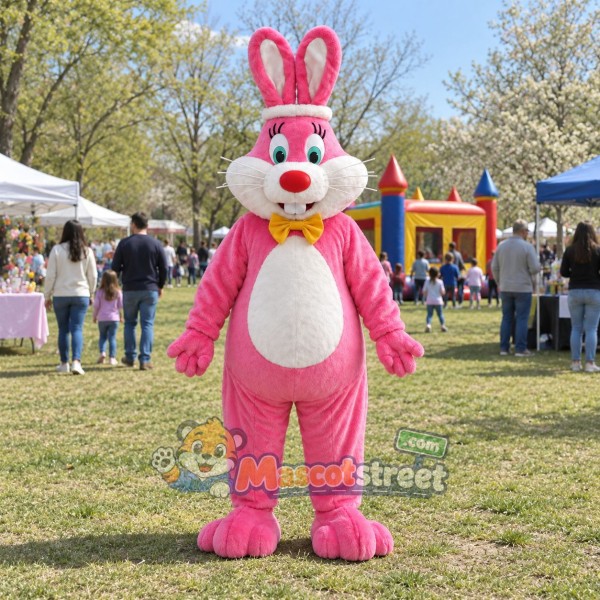 Pink Rabbit Mascot Costume with Yellow Bow Tie