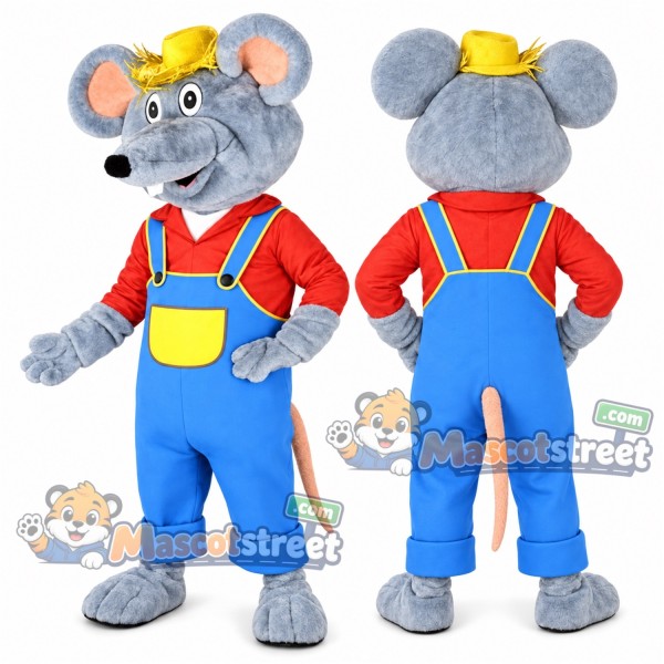Gray Mouse Mascot Costume with Red Shirt and Blue Overalls