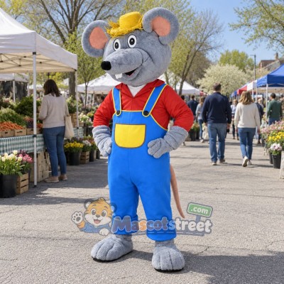 Gray Mouse Mascot Costume with Red Shirt and Blue Overalls Gray Mouse Mascot Costume with Red Shirt and Blue Overalls