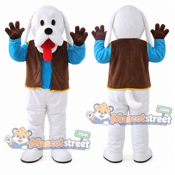 White Dog Mascot Costume with Blue Shirt, Brown Vest and White Pants