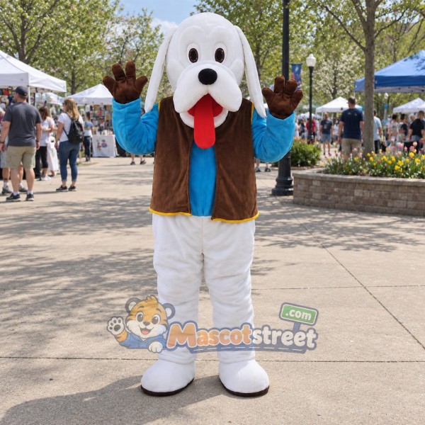 White Dog Mascot Costume with Blue Shirt, Brown Vest and White Pants