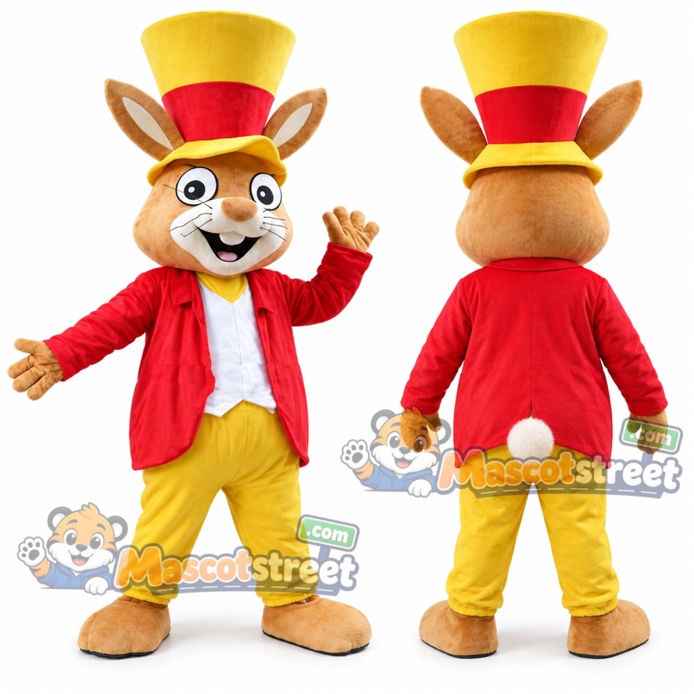Brown Rabbit Mascot Costume with Red Jacket, Yellow Pants and Top Hat Brown Rabbit Mascot Costume with Red Jacket, Yellow Pants and Top Hat
