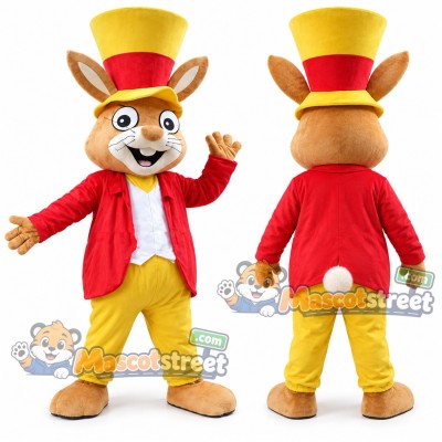 Brown Rabbit Mascot Costume with Red Jacket, Yellow Pants and Top Hat Brown Rabbit Mascot Costume with Red Jacket, Yellow Pants and Top Hat
