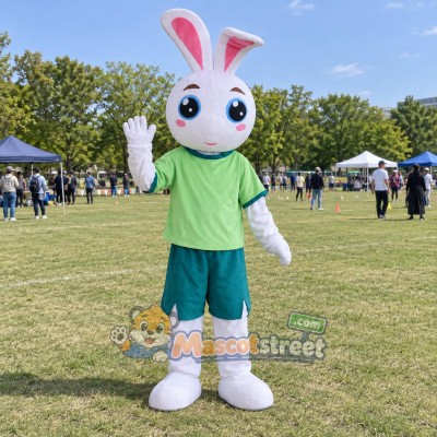 White Rabbit Mascot Costume with Green Shirt and Green Shorts White Rabbit Mascot Costume with Green Shirt and Green Shorts