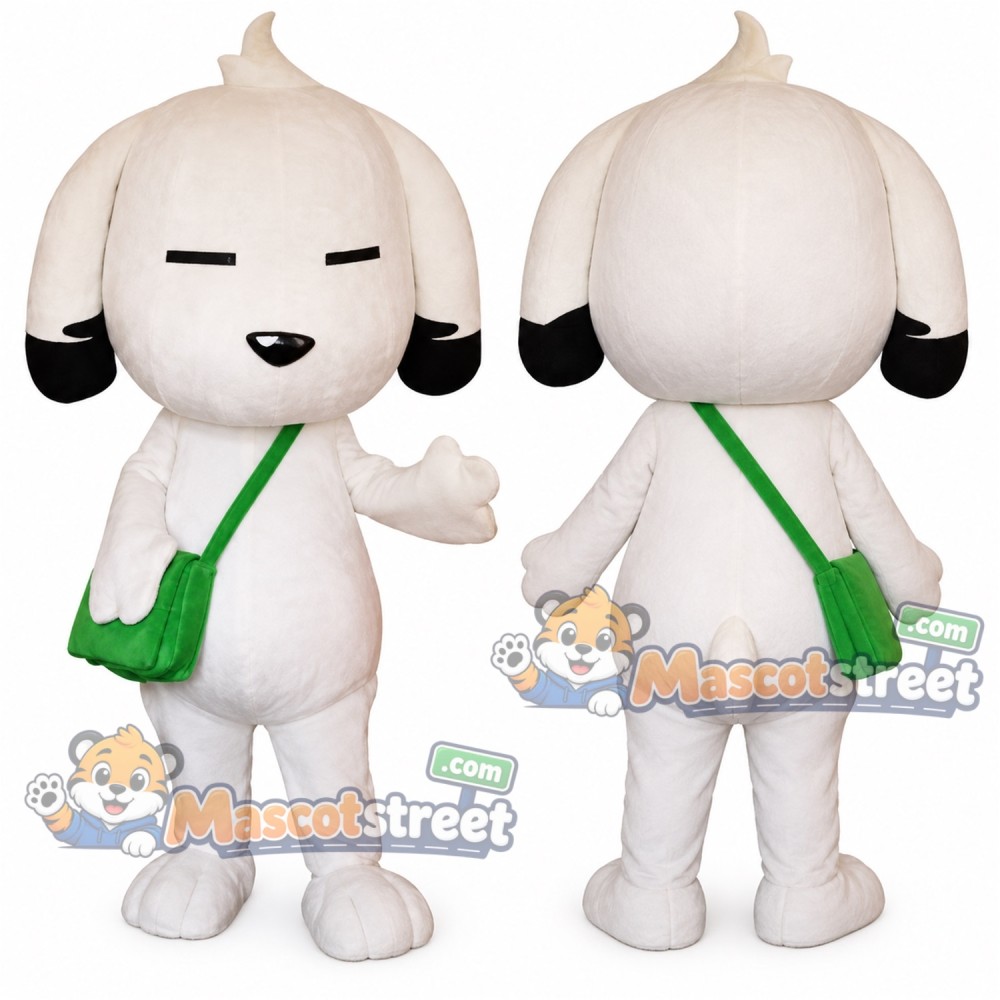 White Dog Mascot Costume with Green Shoulder Bag White Dog Mascot Costume with Green Shoulder Bag