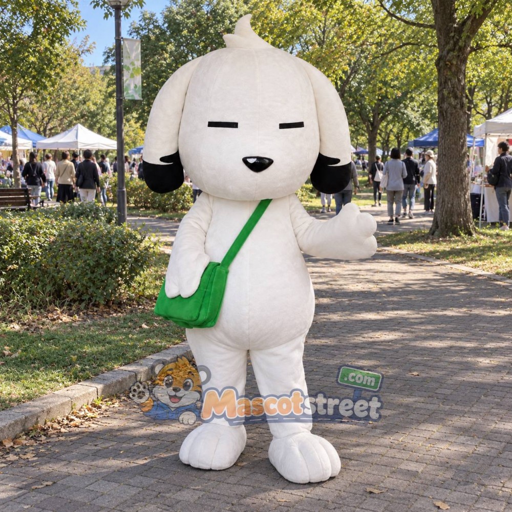 White Dog Mascot Costume with Green Shoulder Bag