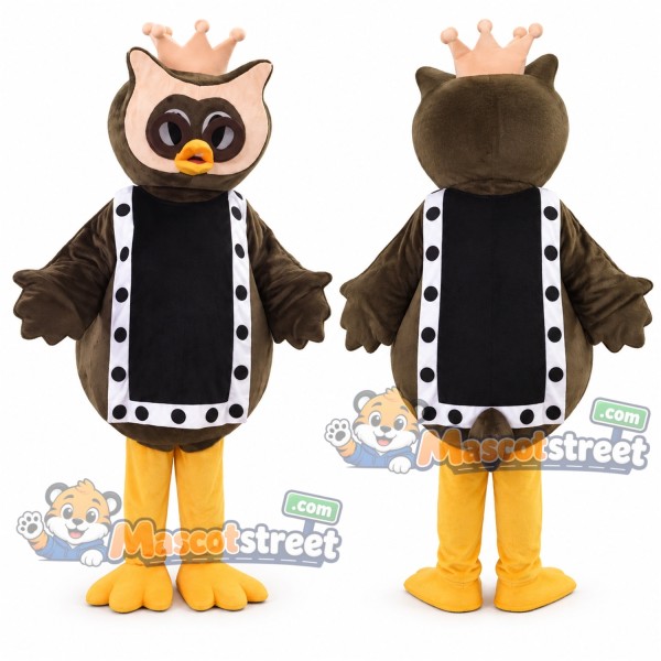 Brown Owl Mascot Costume with Black Royal Robe and Crown