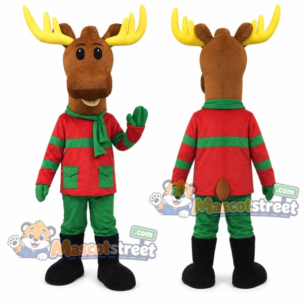 Brown Reindeer Mascot Costume with Red and Green Winter Outfit
