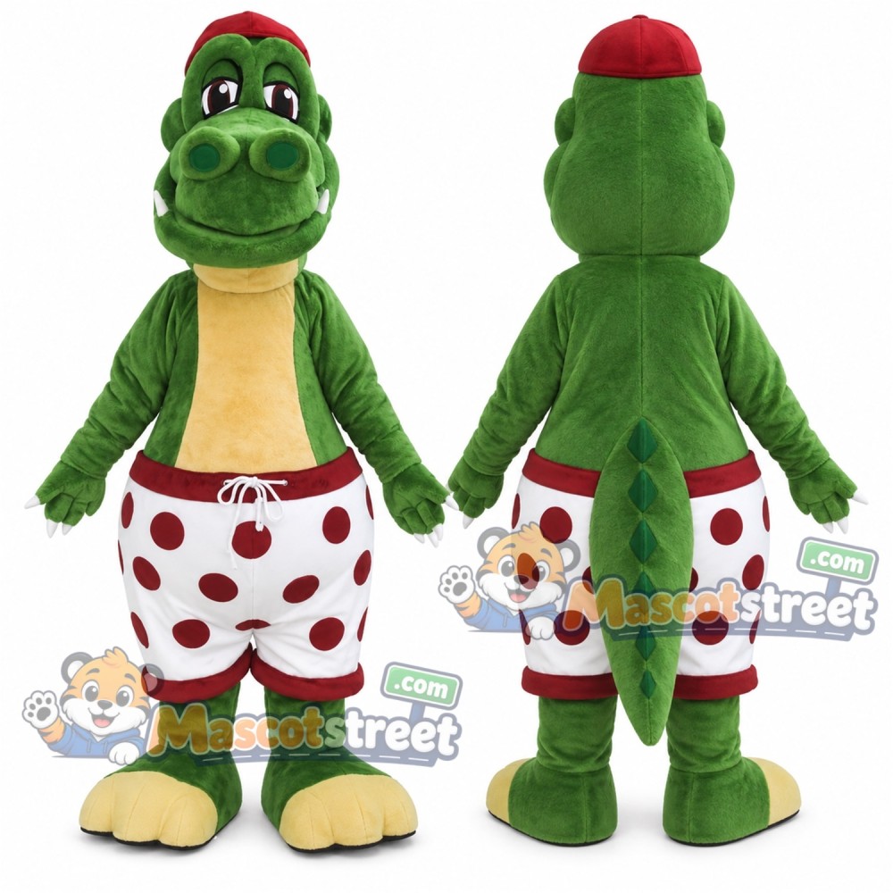 Green Crocodile Mascot Costume with White Spotted Shorts and Red Hat
