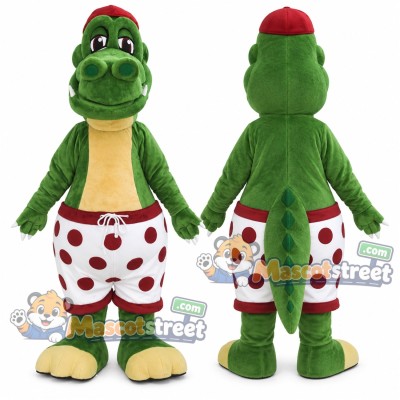 Green Crocodile Mascot Costume with White Spotted Shorts and Red Hat