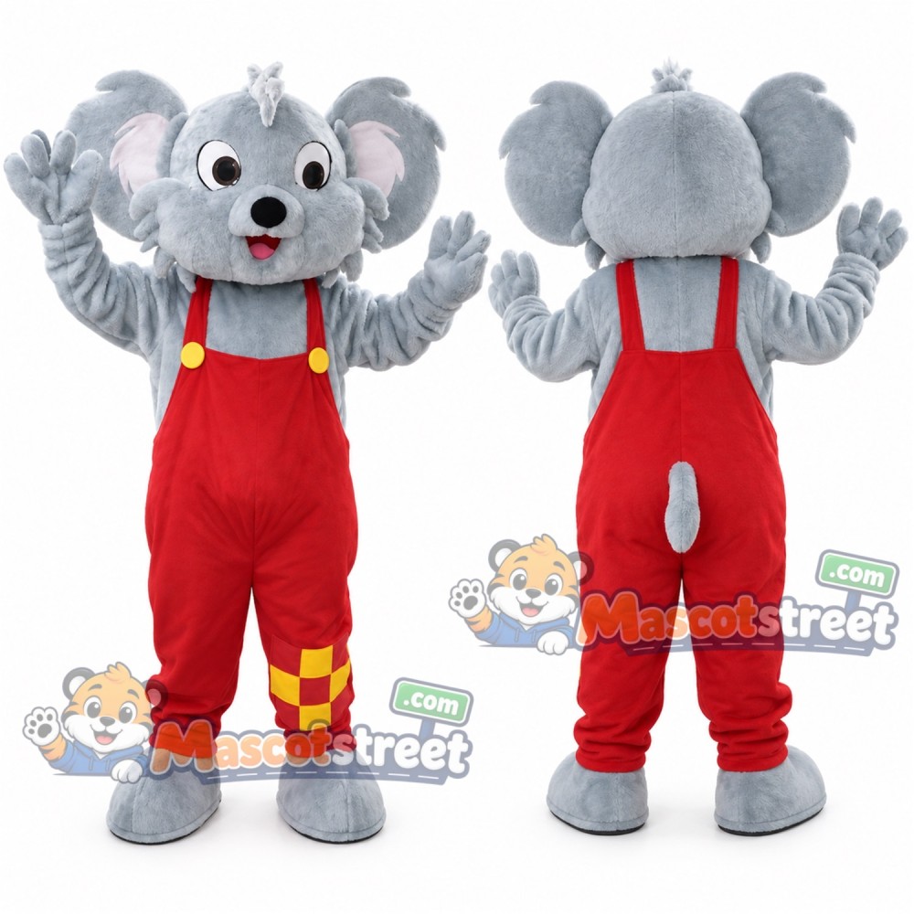 Gray Koala Mascot Costume with Red Overalls Gray Koala Mascot Costume with Red Overalls