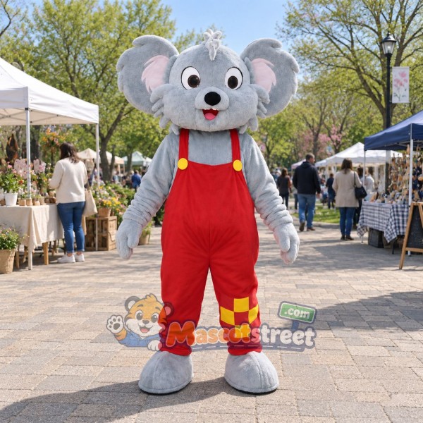 Gray Koala Mascot Costume with Red Overalls