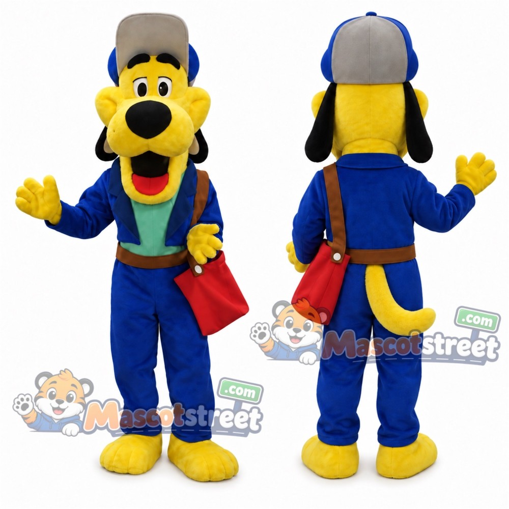 Yellow Dog Mascot Costume with Blue Uniform and Hat