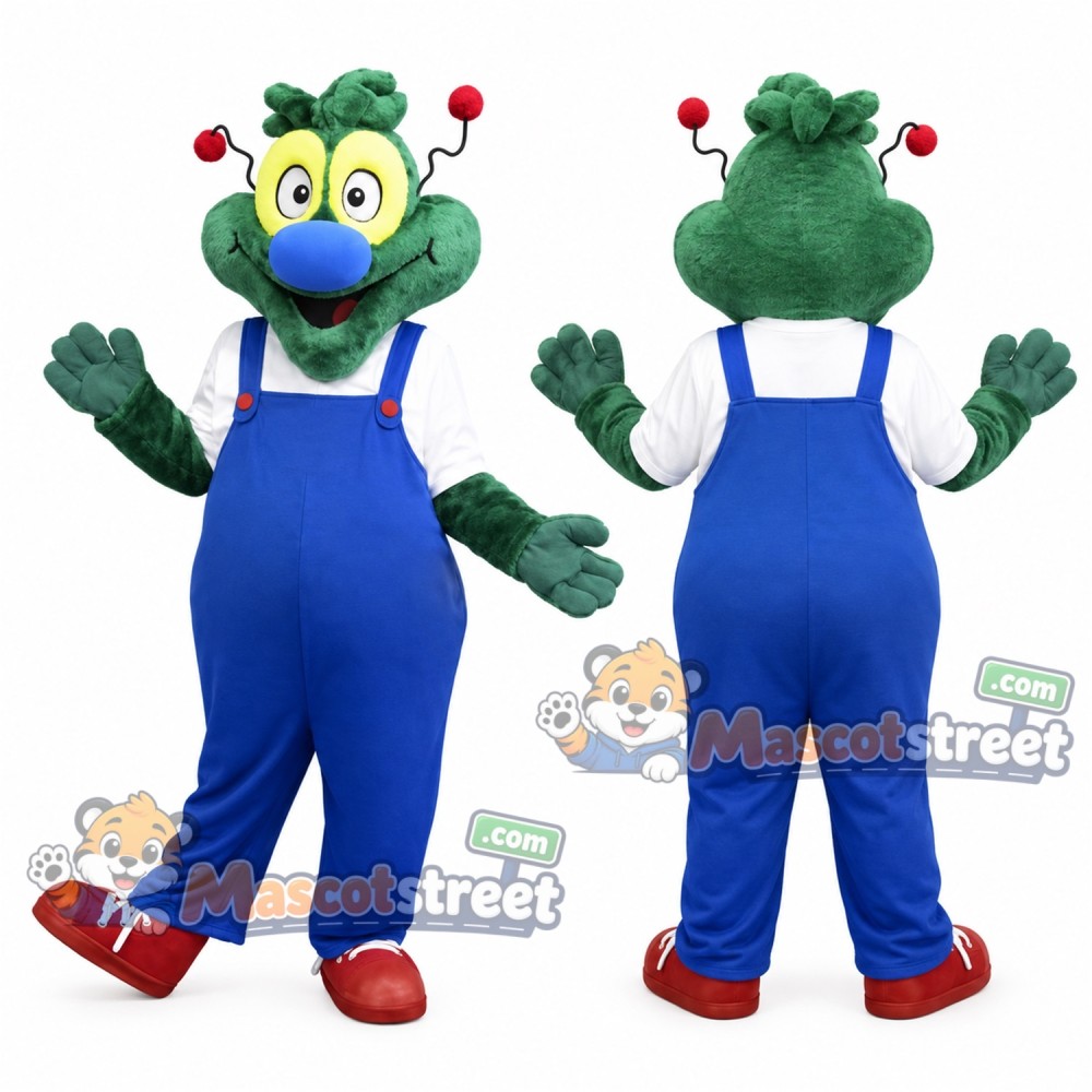 Green Dragon Mascot Costume with Blue Overalls Green Dragon Mascot Costume with Blue Overalls