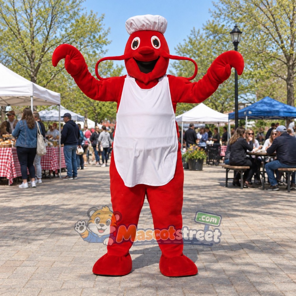 Red Lobster Mascot Costume with White Chef Apron and Hat Red Lobster Mascot Costume with White Chef Apron and Hat