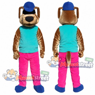 Brown Dog Mascot Costume with Teal Shirt, Pink Pants and Blue Hat Brown Dog Mascot Costume with Teal Shirt, Pink Pants and Blue Hat