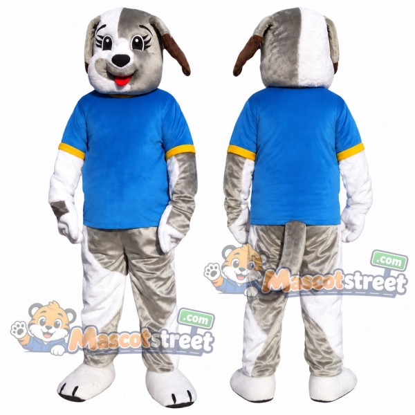 Gray and White Dog Mascot Costume with Blue Shirt