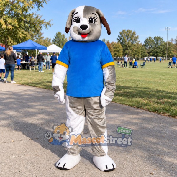 Gray and White Dog Mascot Costume with Blue Shirt