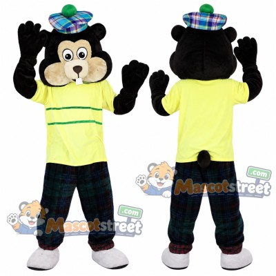 Black Bear Mascot Costume with Yellow Shirt, Plaid Pants and Hat Black Bear Mascot Costume with Yellow Shirt, Plaid Pants and Hat