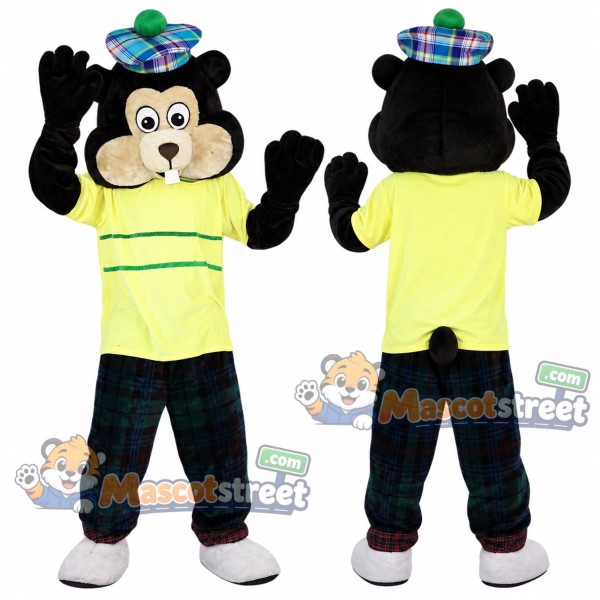 Black Bear Mascot Costume with Yellow Shirt, Plaid Pants and Hat