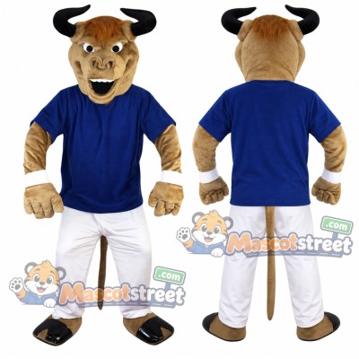 Tan Bull Mascot Costume with Blue Shirt and White Pants