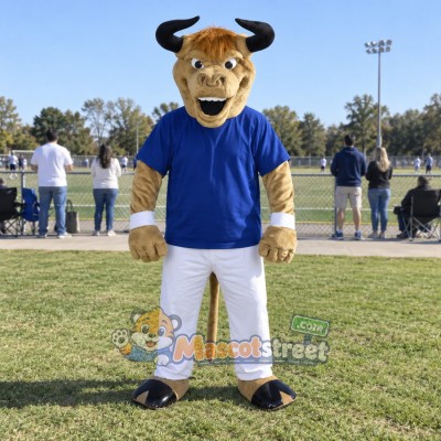 Tan Bull Mascot Costume with Blue Shirt and White Pants Tan Bull Mascot Costume with Blue Shirt and White Pants