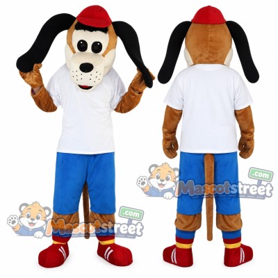 Brown Dog Mascot Costume with White Shirt, Blue Shorts and Red Hat
