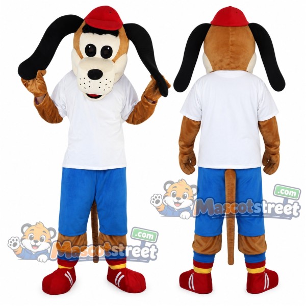 Brown Dog Mascot Costume with White Shirt, Blue Shorts and Red Hat