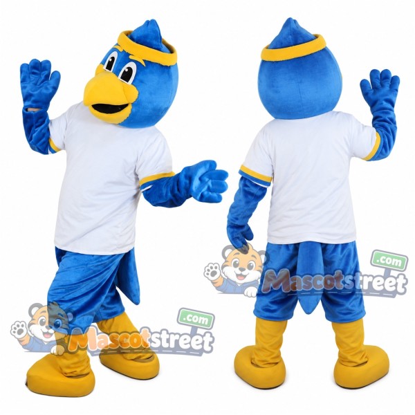 Blue Bird Mascot Costume with White Shirt and Blue Shorts