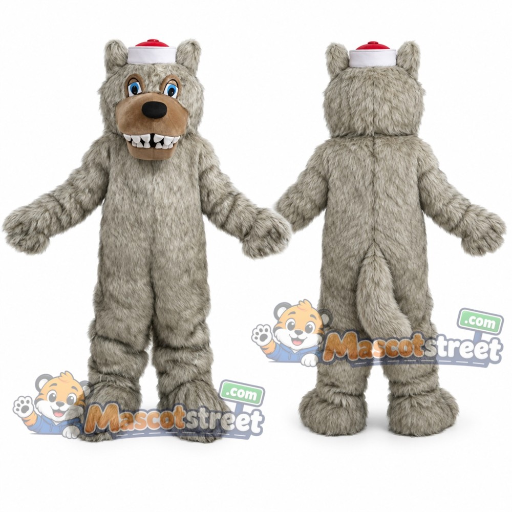 Gray Wolf Mascot Costume with Small Red Hat Gray Wolf Mascot Costume with Small Red Hat