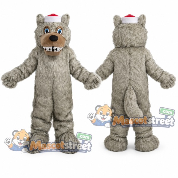 Gray Wolf Mascot Costume with Small Red Hat