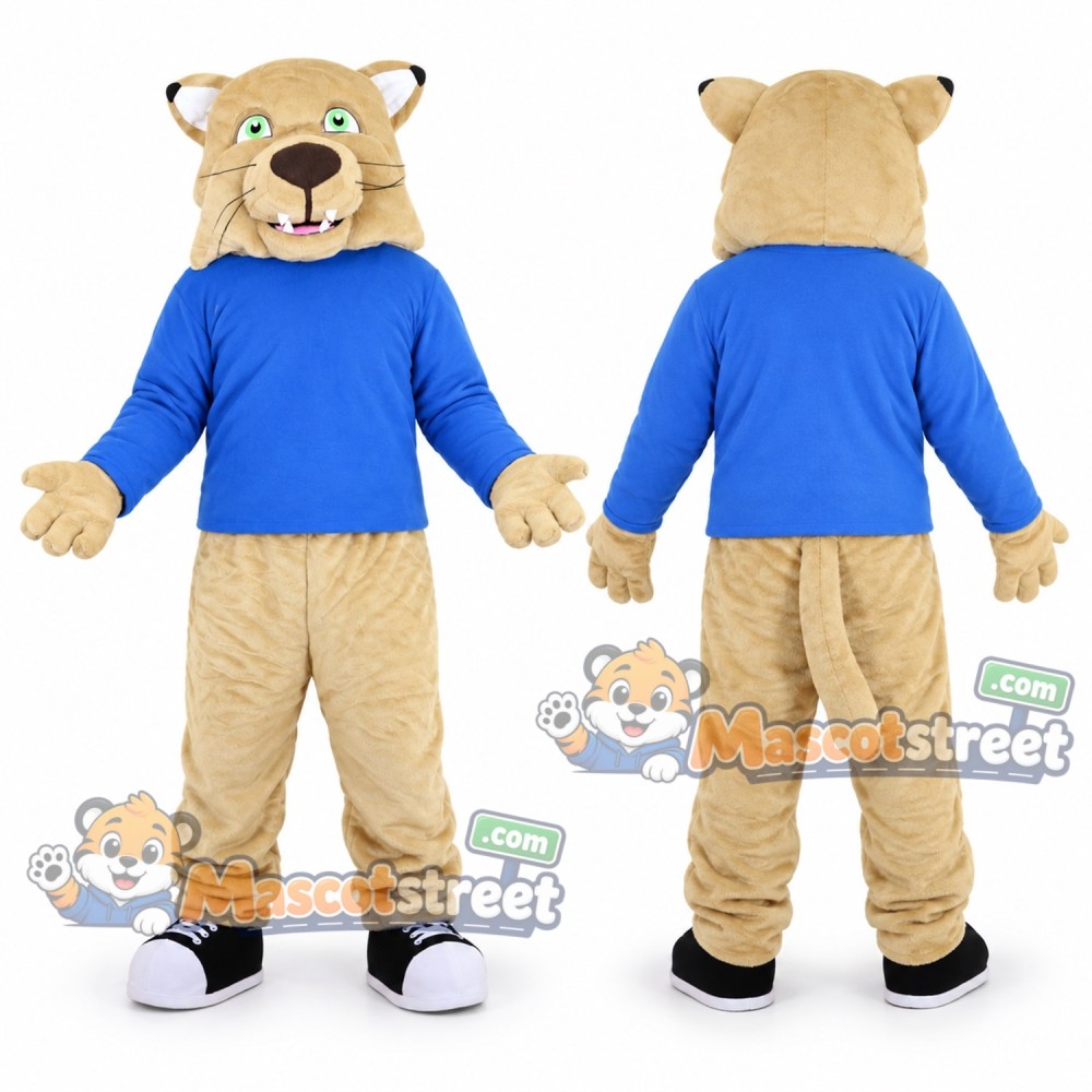 Tan Cougar Mascot Costume with Blue Shirt